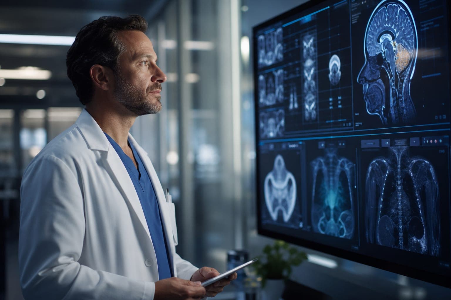 Clinician reviewing AI-assisted diagnostics in a modern hospital