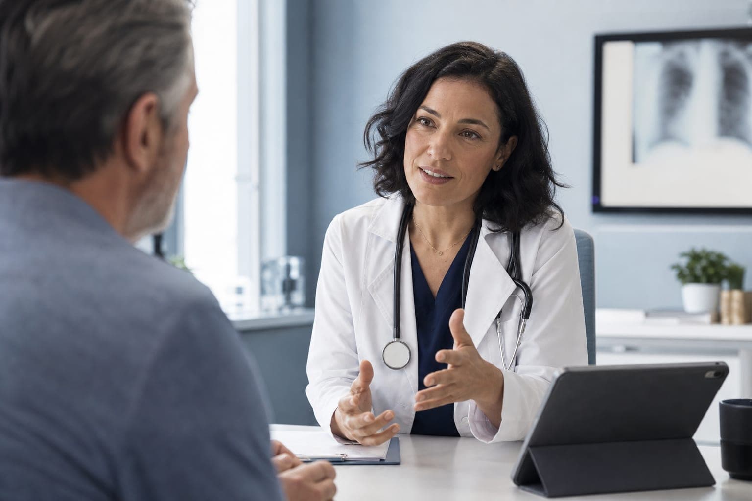 Physician using ambient AI documentation during a patient consultation