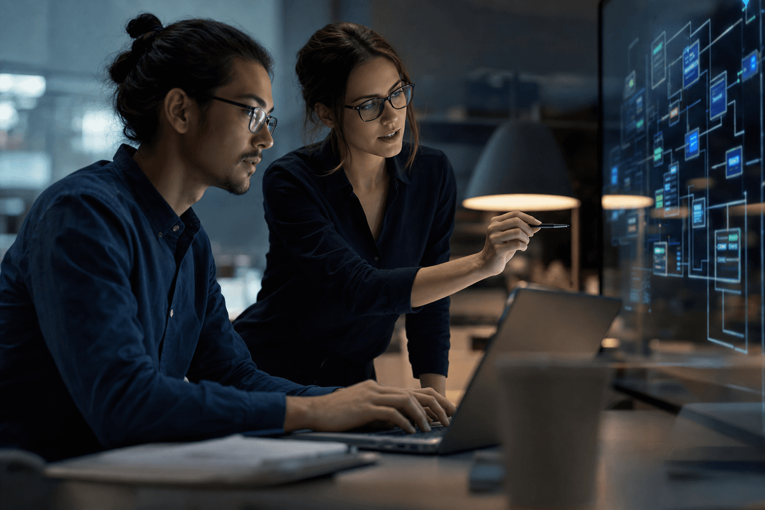 An engineer and a clinician working through an architecture diagram together