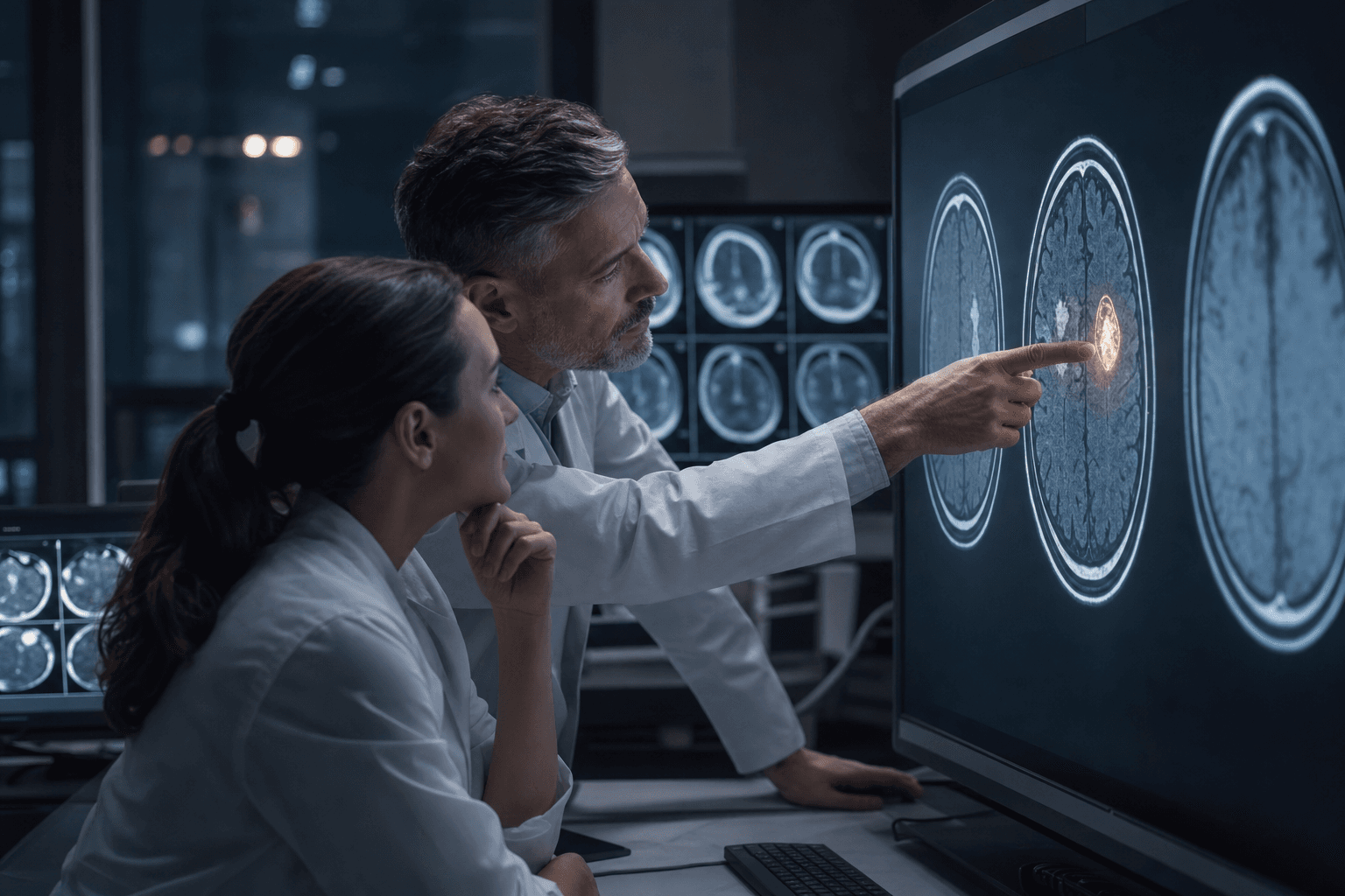 Two radiologists reviewing a flagged CT study together in a reading room