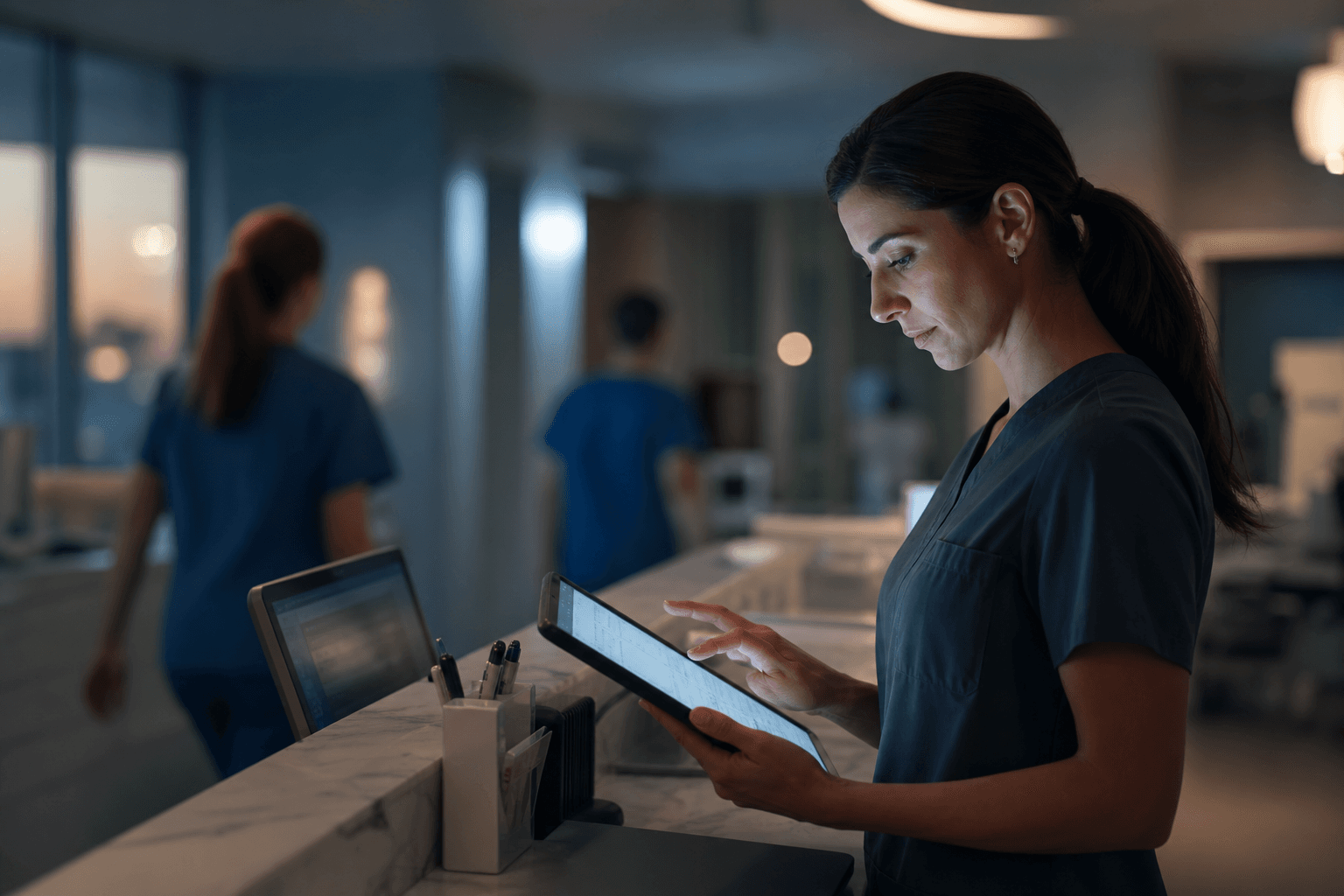A clinic operations coordinator reviewing a digital schedule on a tablet
